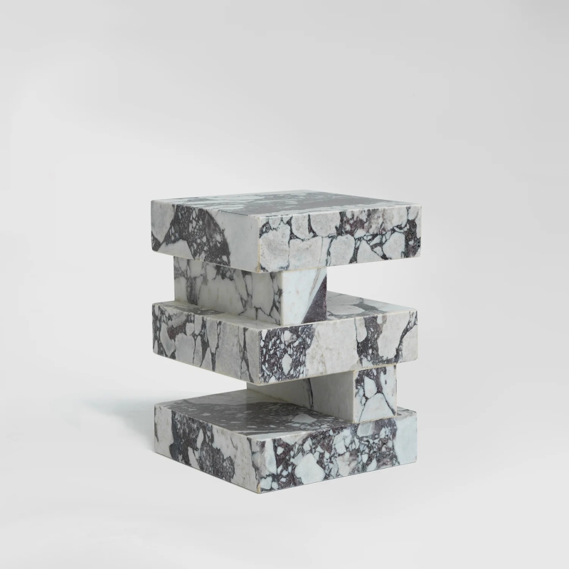 Modern stacked marble accent table - unique veining stone side table for bedroom