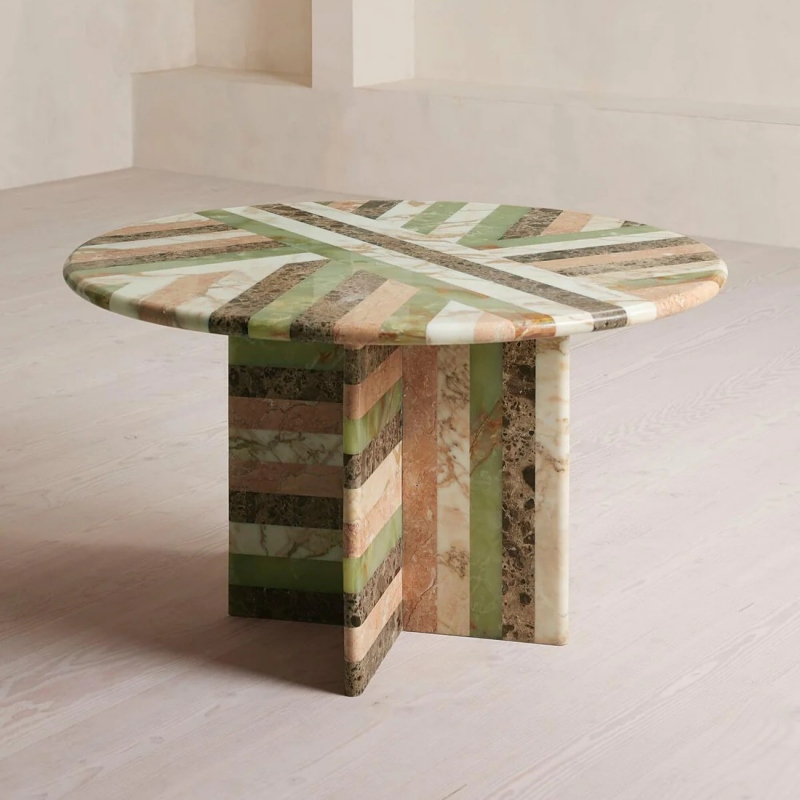 Multi-Marble Geometric Mosaic Round Table - green pink brown white stone living room dining furniture