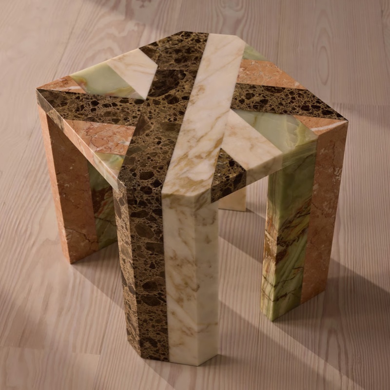 Hexagon multi-marble mosaic side table - geometric stone design living room furniture