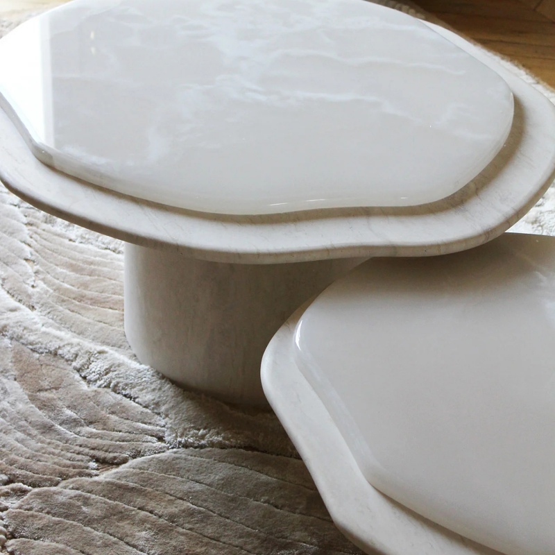 Close-up of White Onyx tabletop on cloud-shaped coffee table - double-layered edge detail