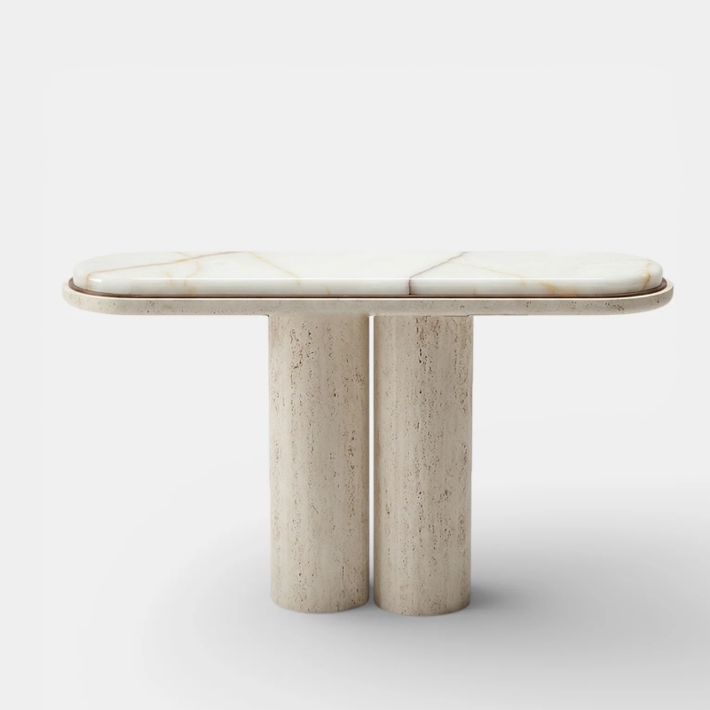 Travertine & White Onyx Console Table - double cylindrical base, white background product display