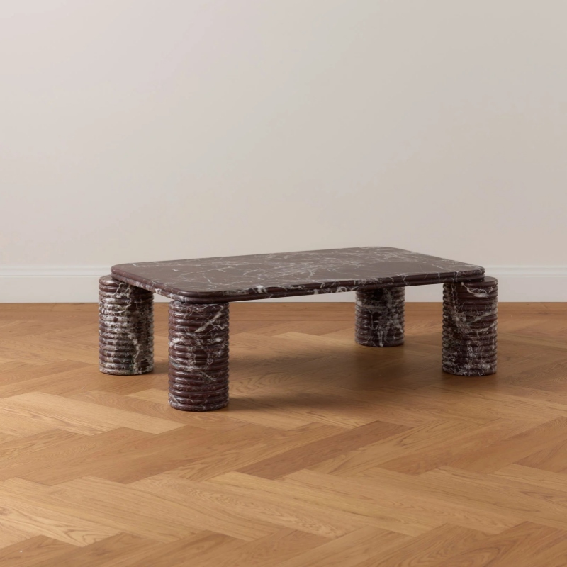 Four-legged Rosso Levanto Marble Coffee Table with ribbed legs - minimalist geometric design
