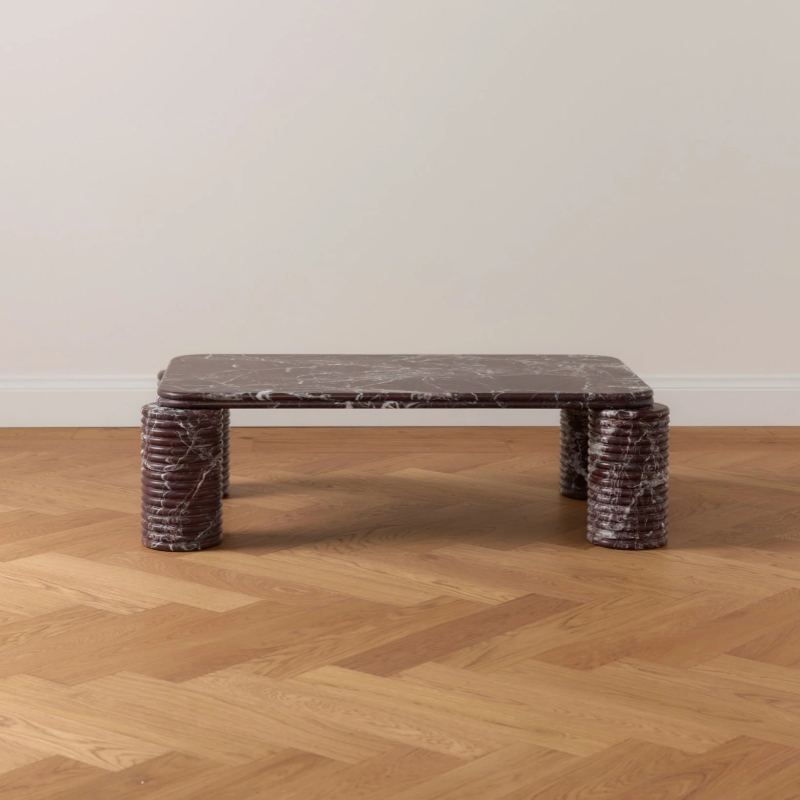 Rosso Levanto Marble Rectangular Coffee Table with ribbed cylindrical legs - minimalist modern living room furniture