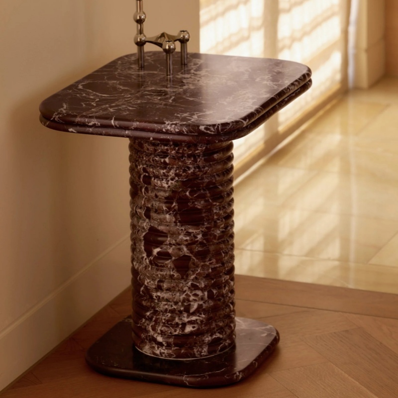 Rosso Levanto Marble Side Table with brass decor - modern entryway accent furniture