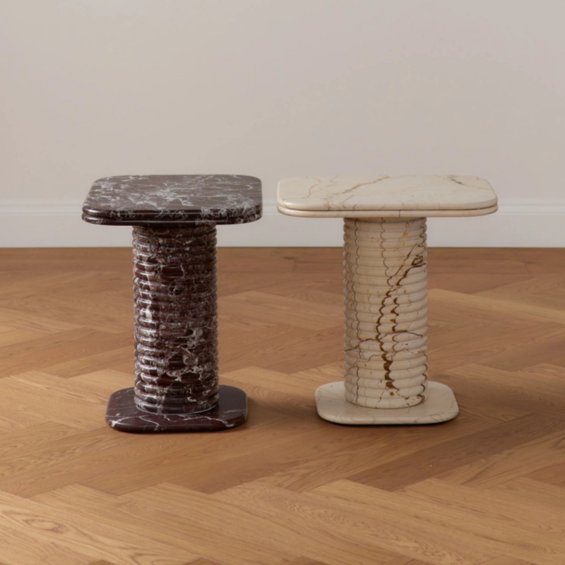 Dual-material side table set - Rosso Levanto & Calacatta Gold marble ribbed column design