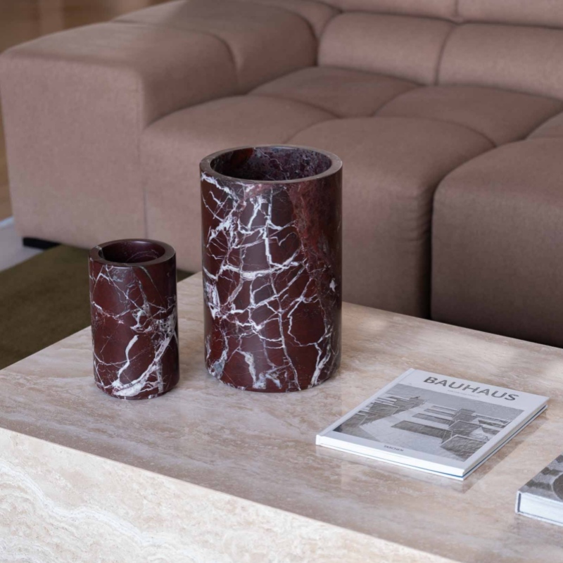 Rosso Levanto Marble Cylindrical Vase Set - large & small sizes on coffee table