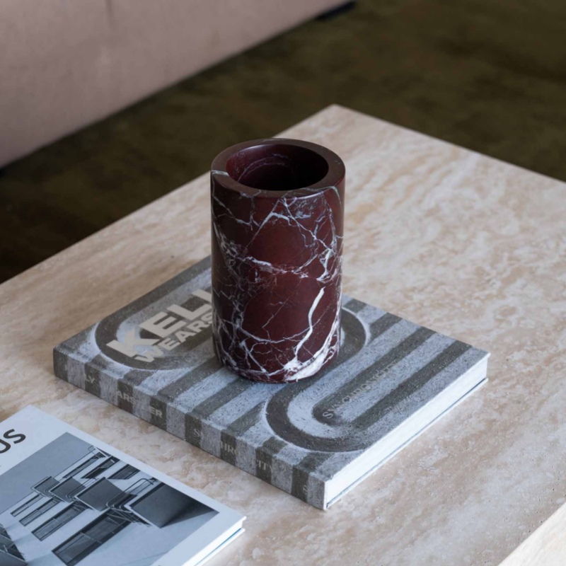 Rosso Levanto Marble Cylindrical Vase on coffee table - minimalist modern decor