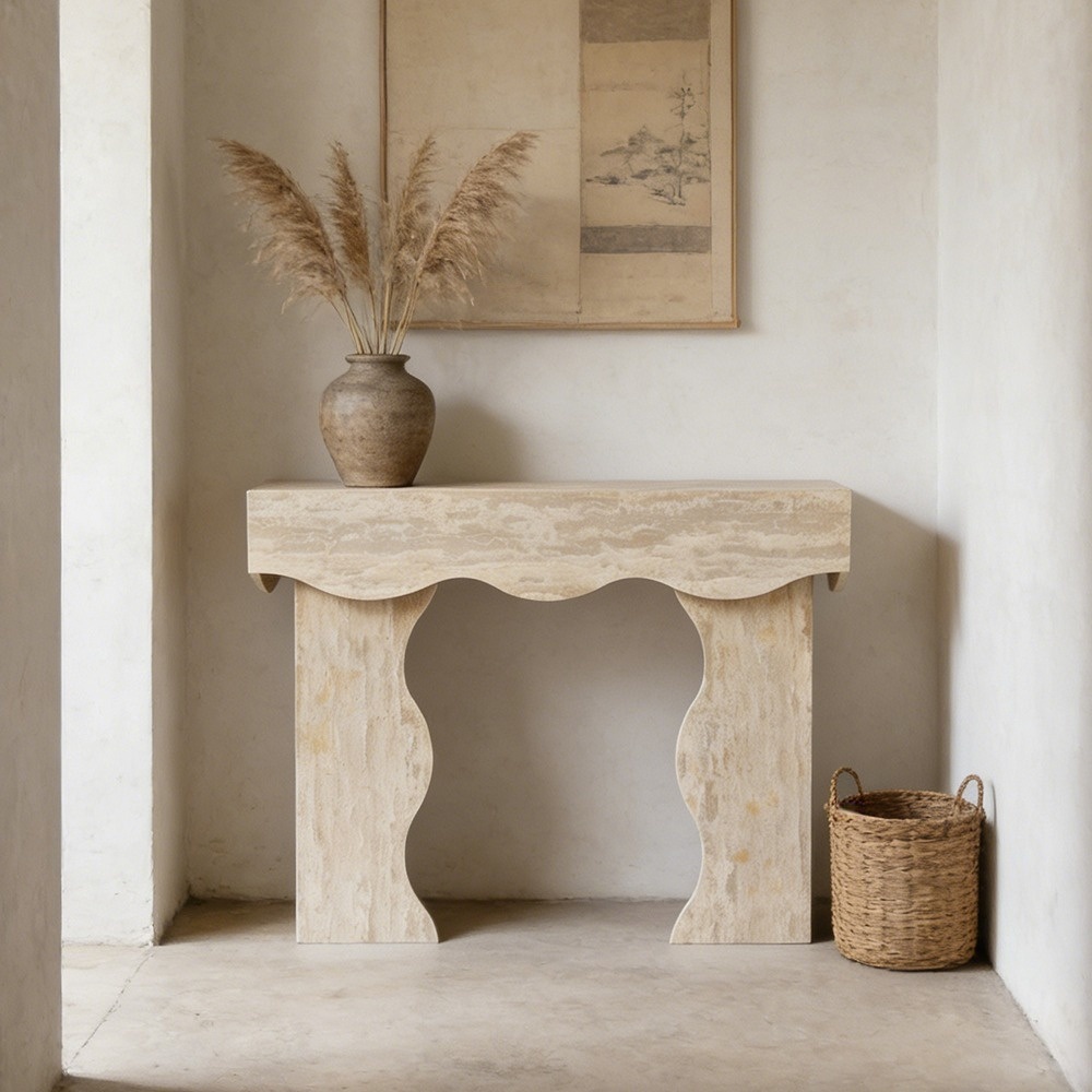 Travertine Scalloped Edge Console Table - Wabi-Sabi Modern Entryway Furniture