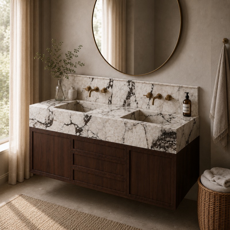 Close-up of Calacatta Viola marble vanity top, integrated undercut sink with dramatic black-purple veining
