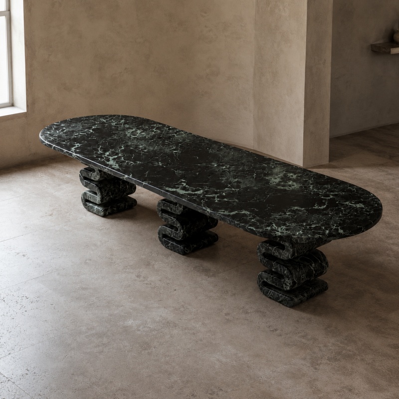 Modern statement full Verde Alpi marble dining table, hand-carved S-shaped wave pedestal supports