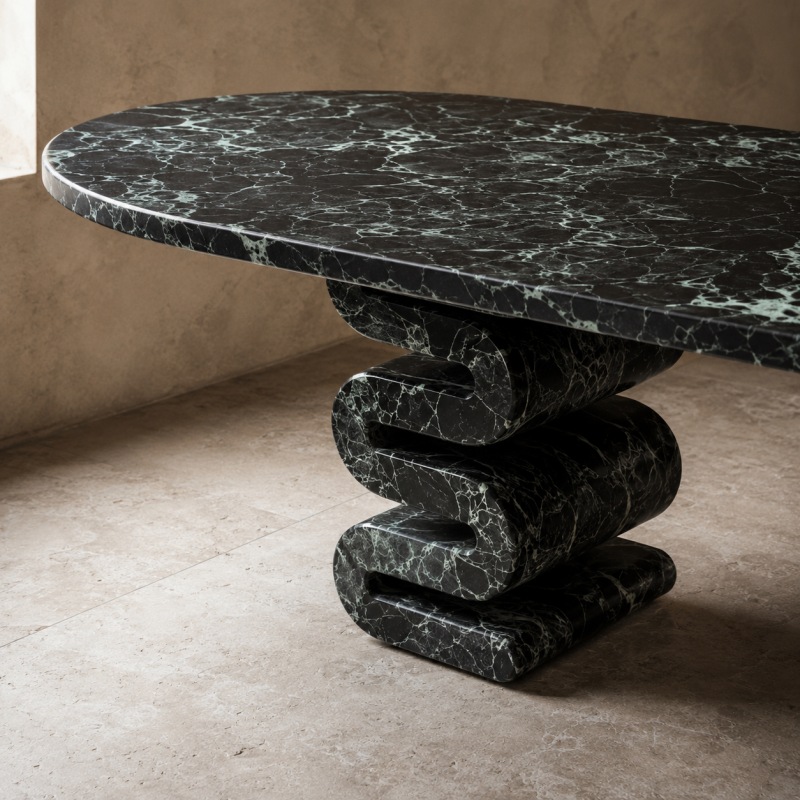 Luxury modern statement marble console table made of natural Verde Alpi dark green marble