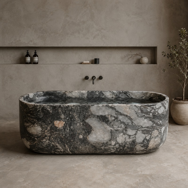 Southeast Asian Calacatta Viola marble freestanding bathtub in luxury bathroom
