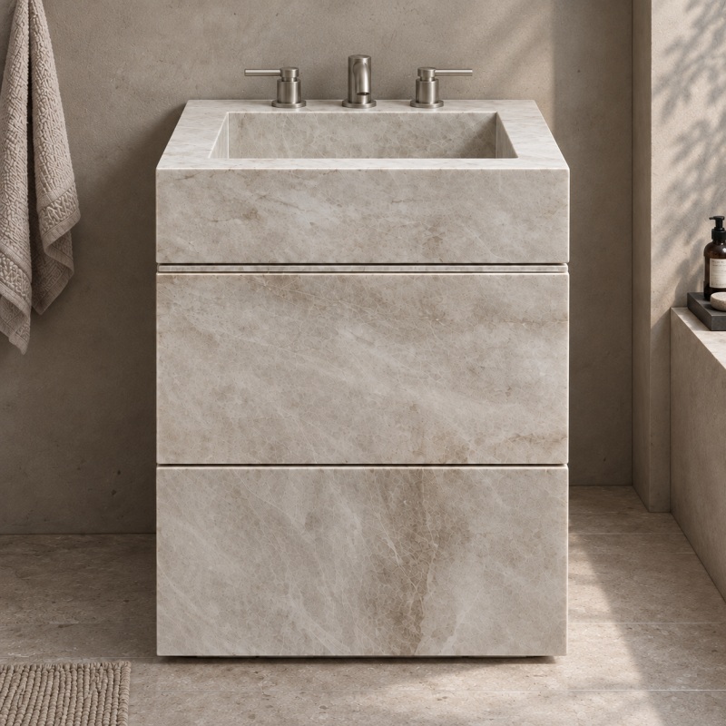 Front view of freestanding cream stone bathroom vanity cabinet with built-in sink