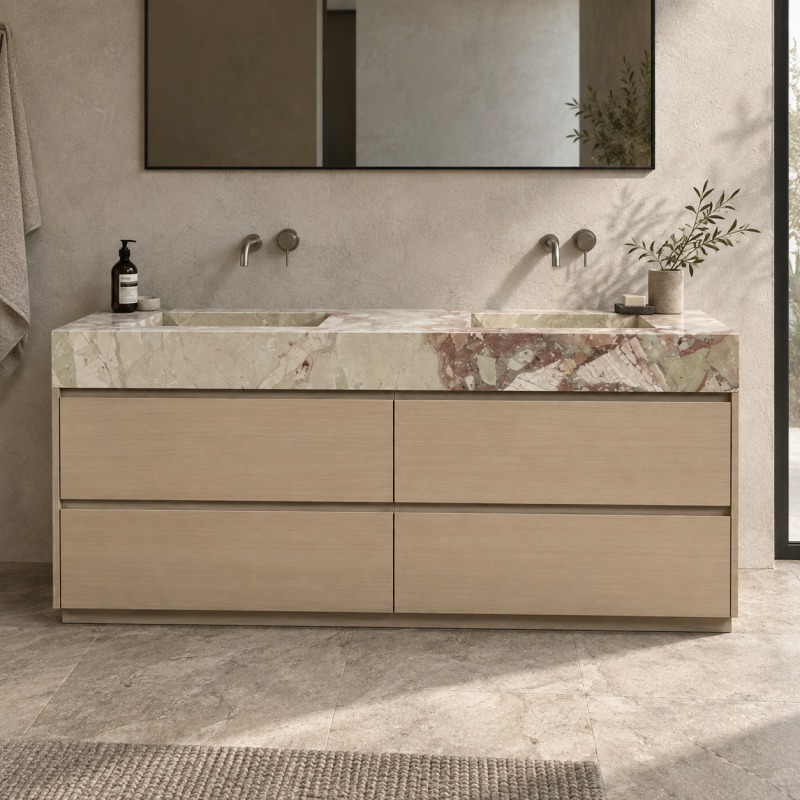 Multi-tone natural marble double bathroom vanity with two integrated rectangular basins