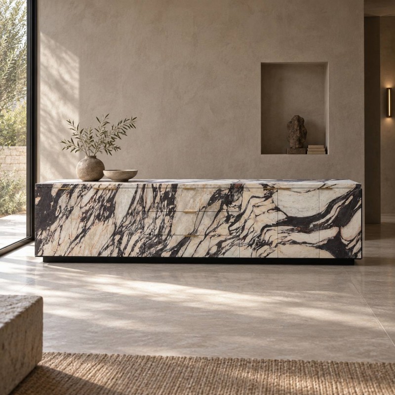Long natural marble sideboard with storage drawers and black base